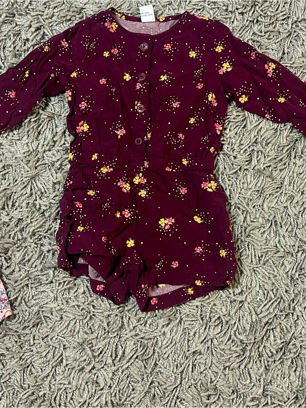 Girls Burgundy Floral Button Romper